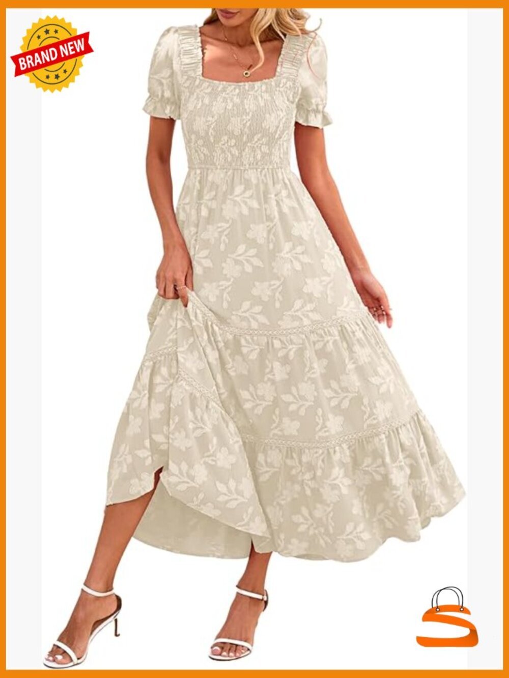 Women's Boho Floral Maxi Dress Short Sleeve Square Neck Smocked Ruffle
